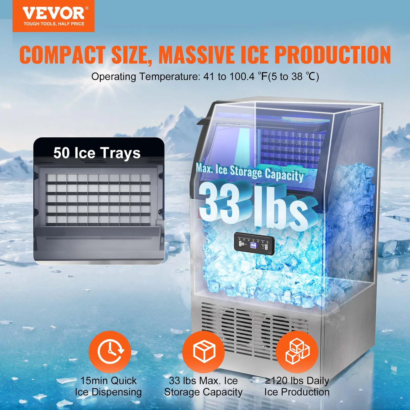 SKYSHALO 110V Commercial Ice Maker 110 lbs/24h with 24 lbs Bin, Clear Cube, LED Panel, Stainless Steel, Auto Clean, Include Water Filter, Scoop, Connection Hose, Professional Refrigeration Equipment