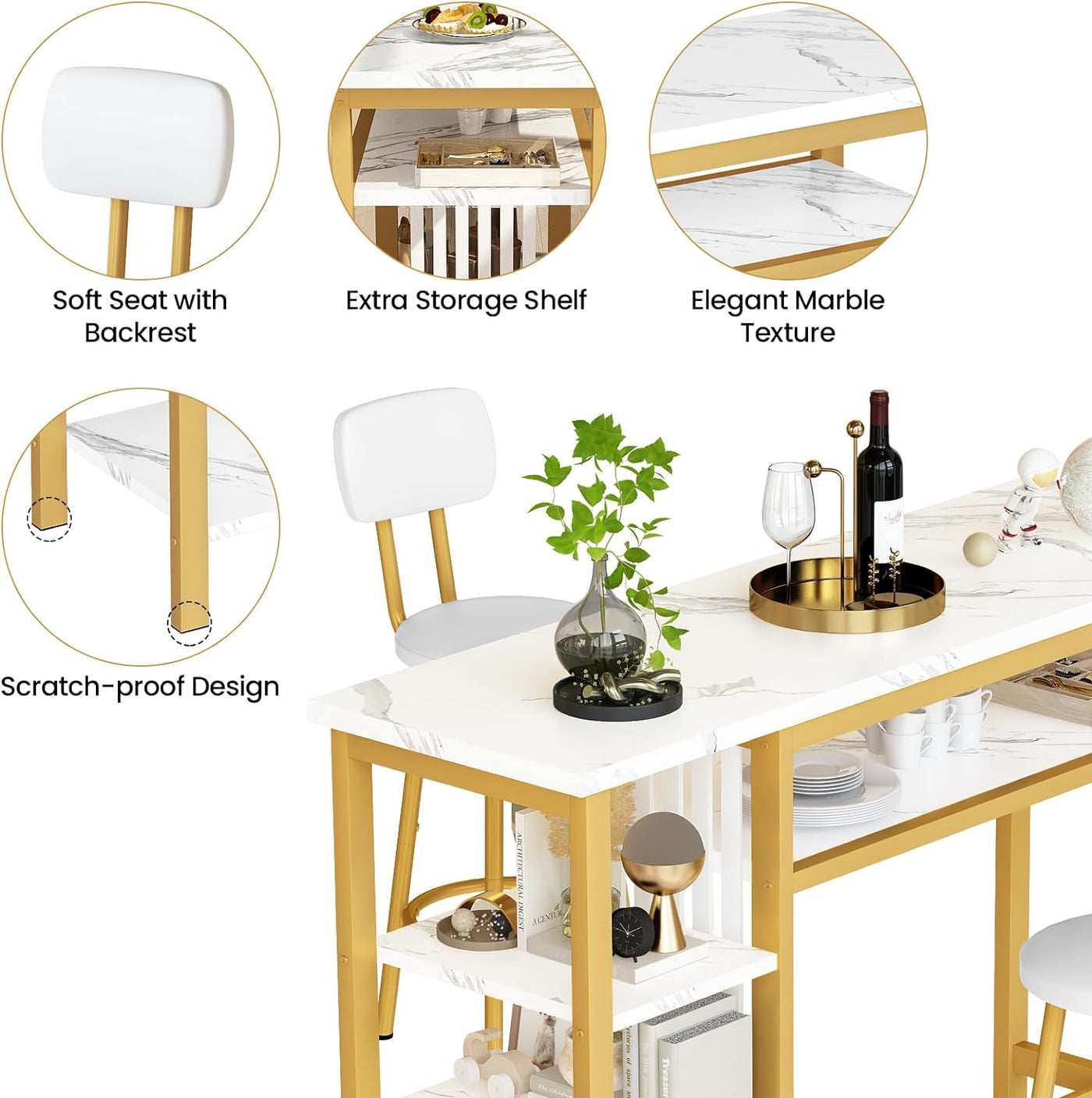 3-Piece Bar Table and Chairs Set, Modern White Faux Marble Table with 2 PU Cushion Bar Stools, Kitchen Counter with 3 Tier Storage Shelves, Space Saving Table for Home & Kitchen, Gold Frame