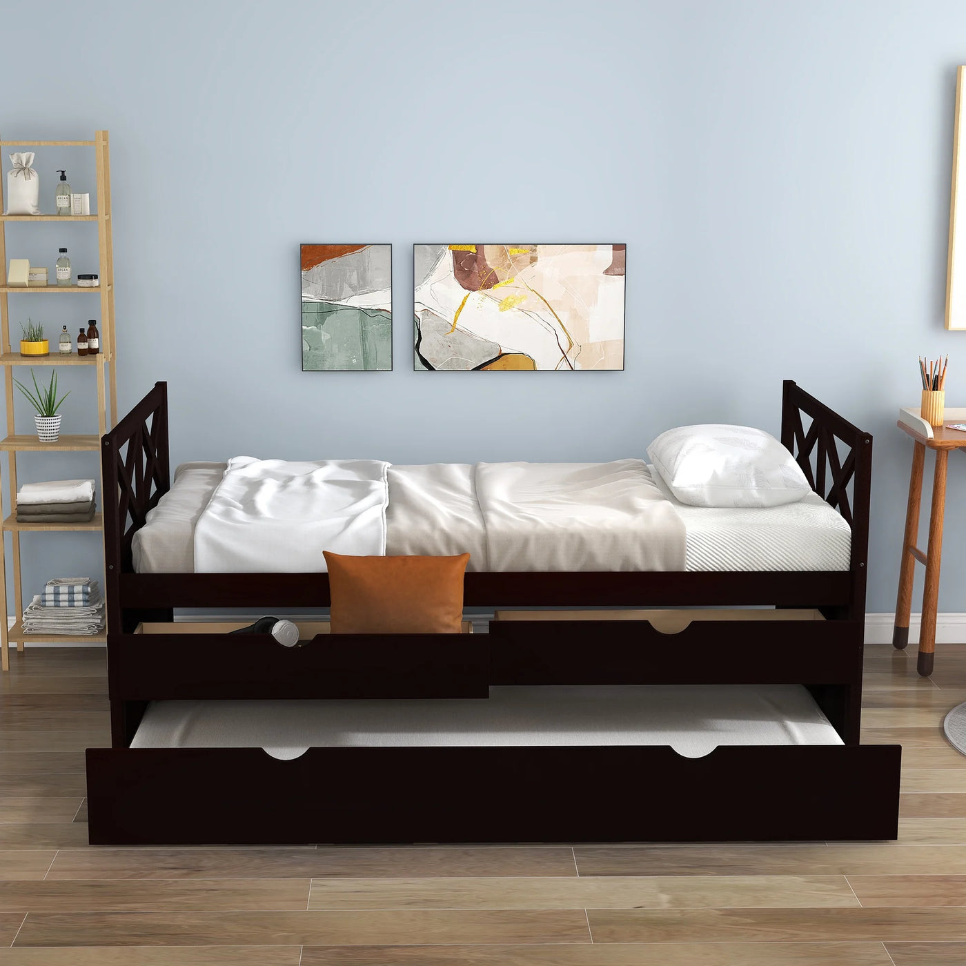 Captain Wood Bed with Trundle and Drawers, Twin for Kids Bedroom, Brown