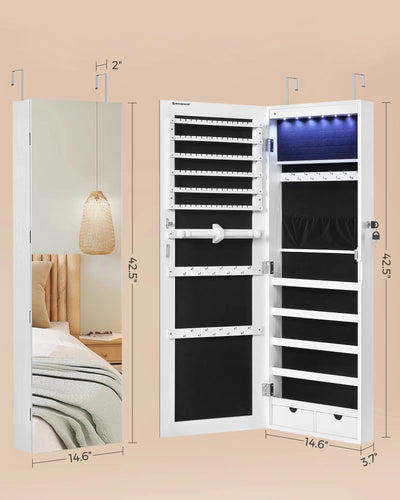 SONGMICS Hanging Mirror Jewelry Cabinet Wall or Door Mounted Jewelry Armoires with LED Interior Lights Jewelry Organizer Box Holder Full-Length Mirror White