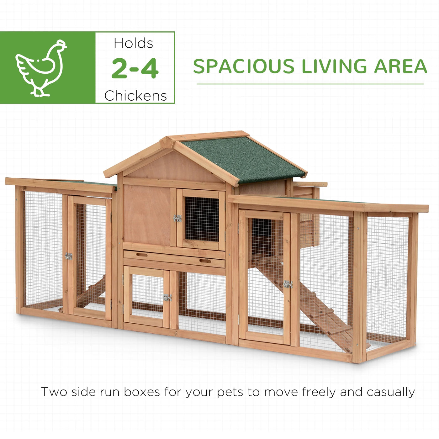 PawHut 80" Chicken Coop, Wooden Outdoor Chicken Cage Poultry Hen House with Nesting Box, Double Runs, Removable Tray, Ramps, for Garden Backyard