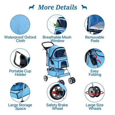 Dkelincs 4 Wheels Pet Stroller Folding Dog Cat Stroller Travel Carrier with Cup Holder & Storage Basket, Blue