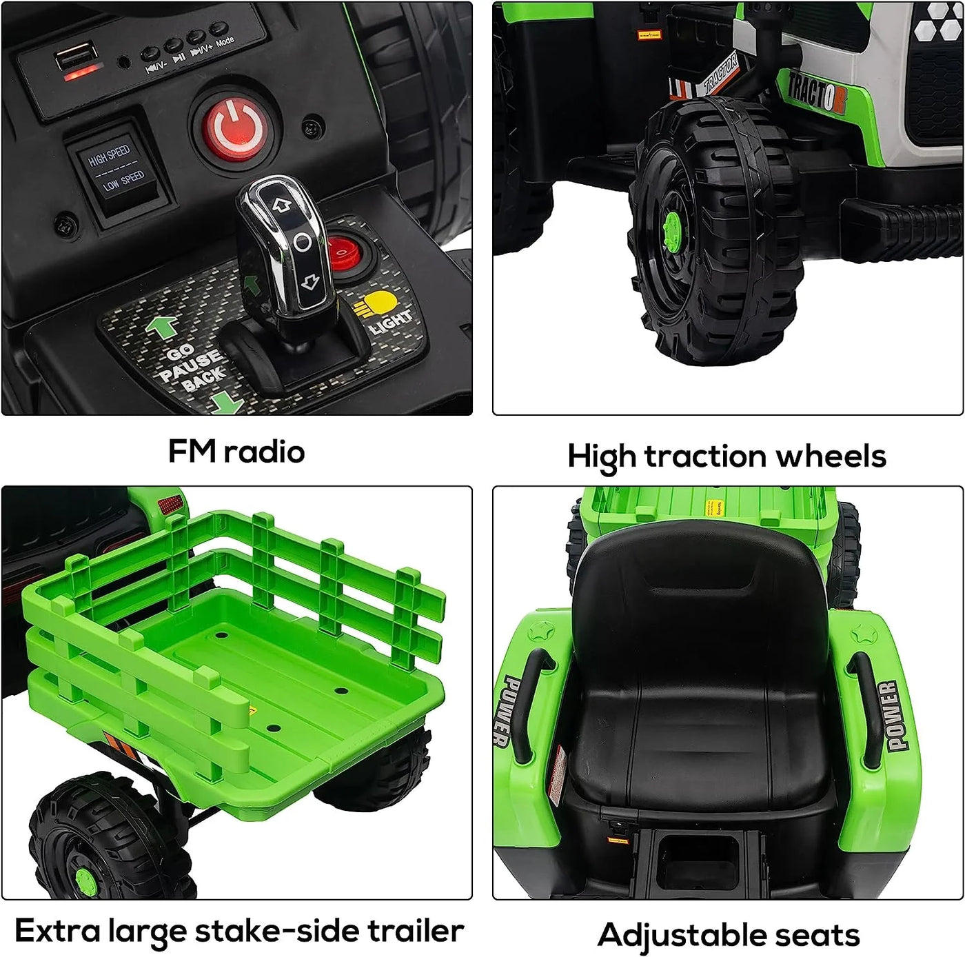 Track 7 24V Ride on Tractor with Trailer, 400W Motor, 6-Wheels Ride on Truck Car with Remote Control, Music, Lights, Electric Tractor Max Speed 5 mph, Green