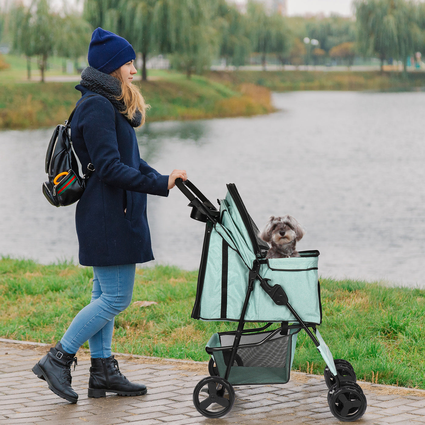 4 Wheel Dog Stroller, Wedyvko Foldable Pet Stroller with Storage Basket and Cup Holder for Small Medium Dogs & Cats (Blue-green)