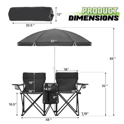 Magshion Portable Double Folding Chair with Removable Umbrella, Cooler Bag & Carry Bag, for Beach Camping Picnic, Black