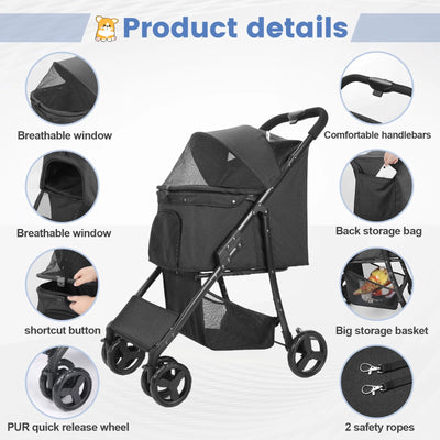 4 Wheel Dog Stroller, Wedyvko Foldable Pet Stroller with Storage Basket for Small Medium Dogs & Cats (Black)