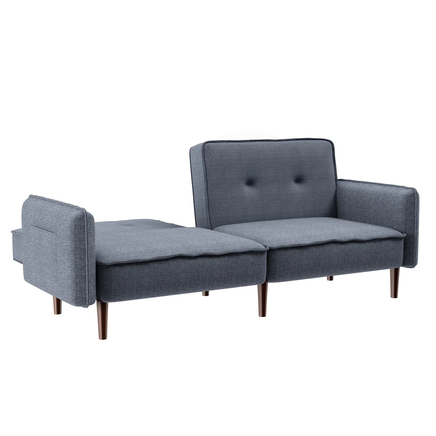 Modern Grey Fabric Futon Sofa Bed with Solid Wood Legs, Convertible Sleeper Sofa with Accent Pillows