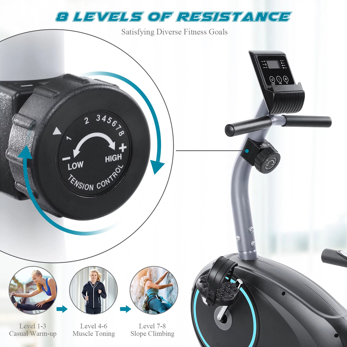 MARNUR Recumbent Exercise Bike with 8 Levels Adjustable Resistance, LCD Monitor, Pad Holder, Wheels