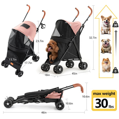 3 in 1 Folding Pet Dog Stroller, Dog Cat Stroller with Storage Basket and Cup Holder Portable Travel Carriage 4 Wheels for Small Medium Cats, Dogs and Puppy (Pink)