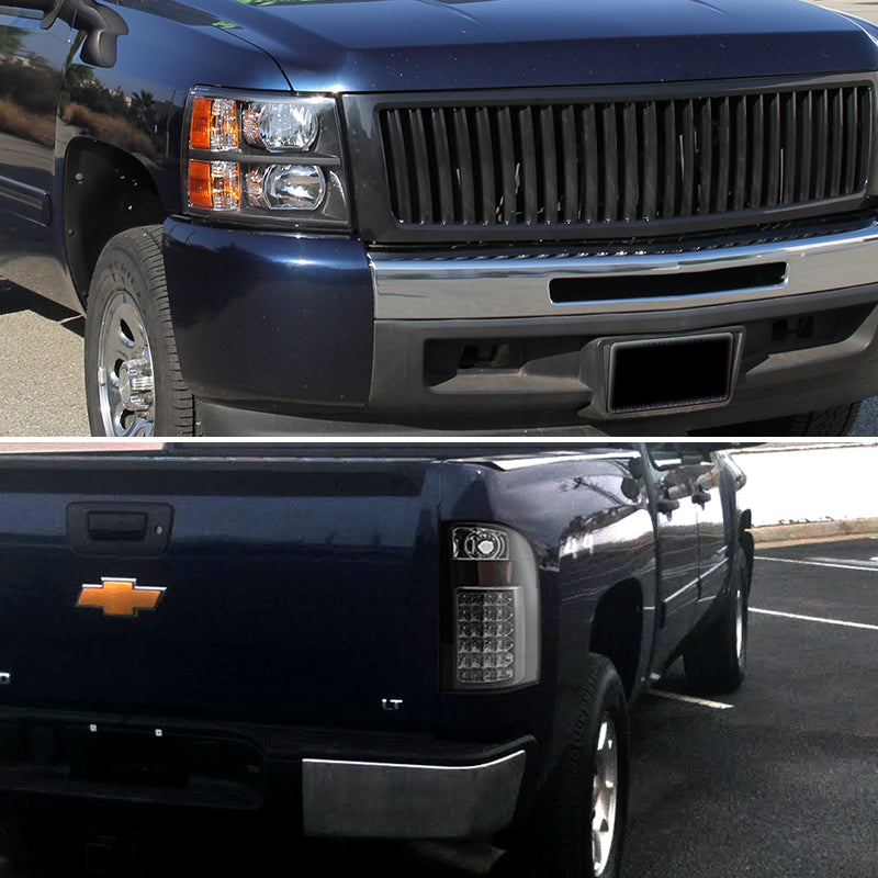 Spec-D Tuning Compatible with 2007-2013 Chevy Silverado 1500 Pickup Crystal Black Headlights+LED Tail Lamps+Black Grille