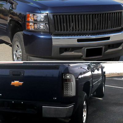 Spec-D Tuning Compatible with 2007-2013 Chevy Silverado 1500 Pickup Crystal Black Headlights+LED Tail Lamps+Black Grille