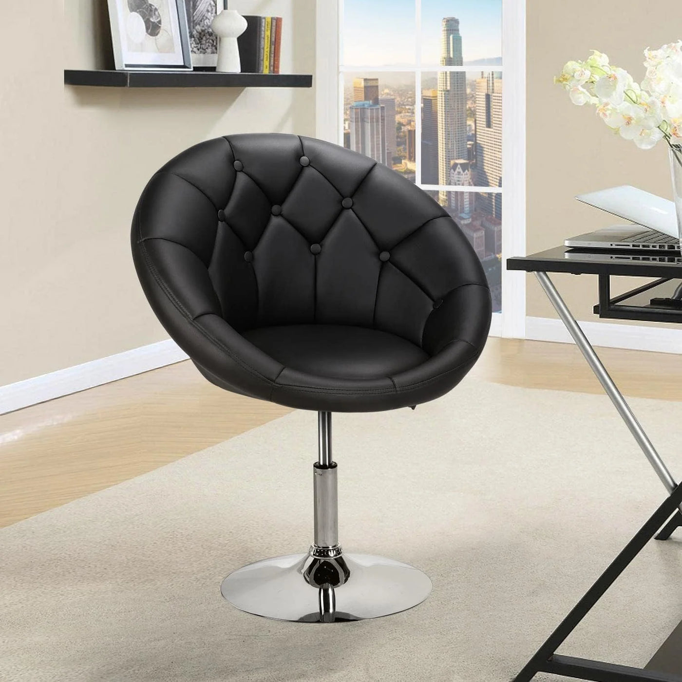 HOMEZY Round Tufted Back Chair Contemporary Height Adjustable, 360° Swivel, Accent Vanity Chair for Living Room, Modern Look, Black