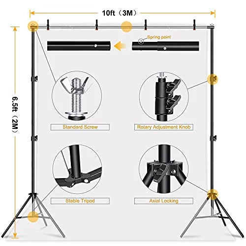 Lidlife Backdrop Stand,6.5 x 10ft Adjustable Photography Background Support System Kit,Background Stand with 4 Spring Clamps and Sand Bag,Carry Bag for Photo Video