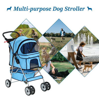 Dkelincs 4 Wheels Pet Stroller Folding Dog Cat Stroller Travel Carrier with Cup Holder & Storage Basket, Blue