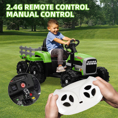 Track 7 24V Ride on Tractor with Trailer, 400W Motor, 6-Wheels Ride on Truck Car with Remote Control, Music, Lights, Electric Tractor Max Speed 5 mph, Green