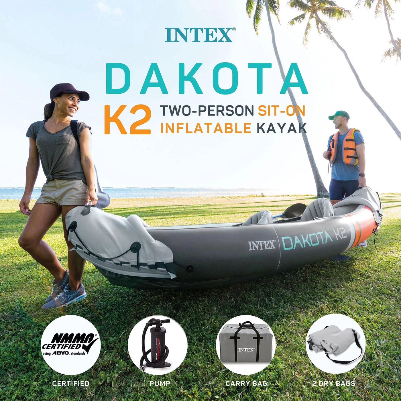 Open Box Intex Dakota K2 2 Person Vinyl Inflatable Kayak with Oars and Pump