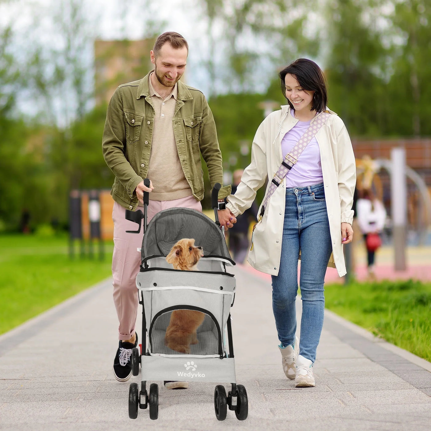 4 Wheel Foldable Cat Dog Stroller with Storage Basket, Handle 360° Front Wheel Rear Wheel with Brake for Small Medium Dogs & Cats-Gray