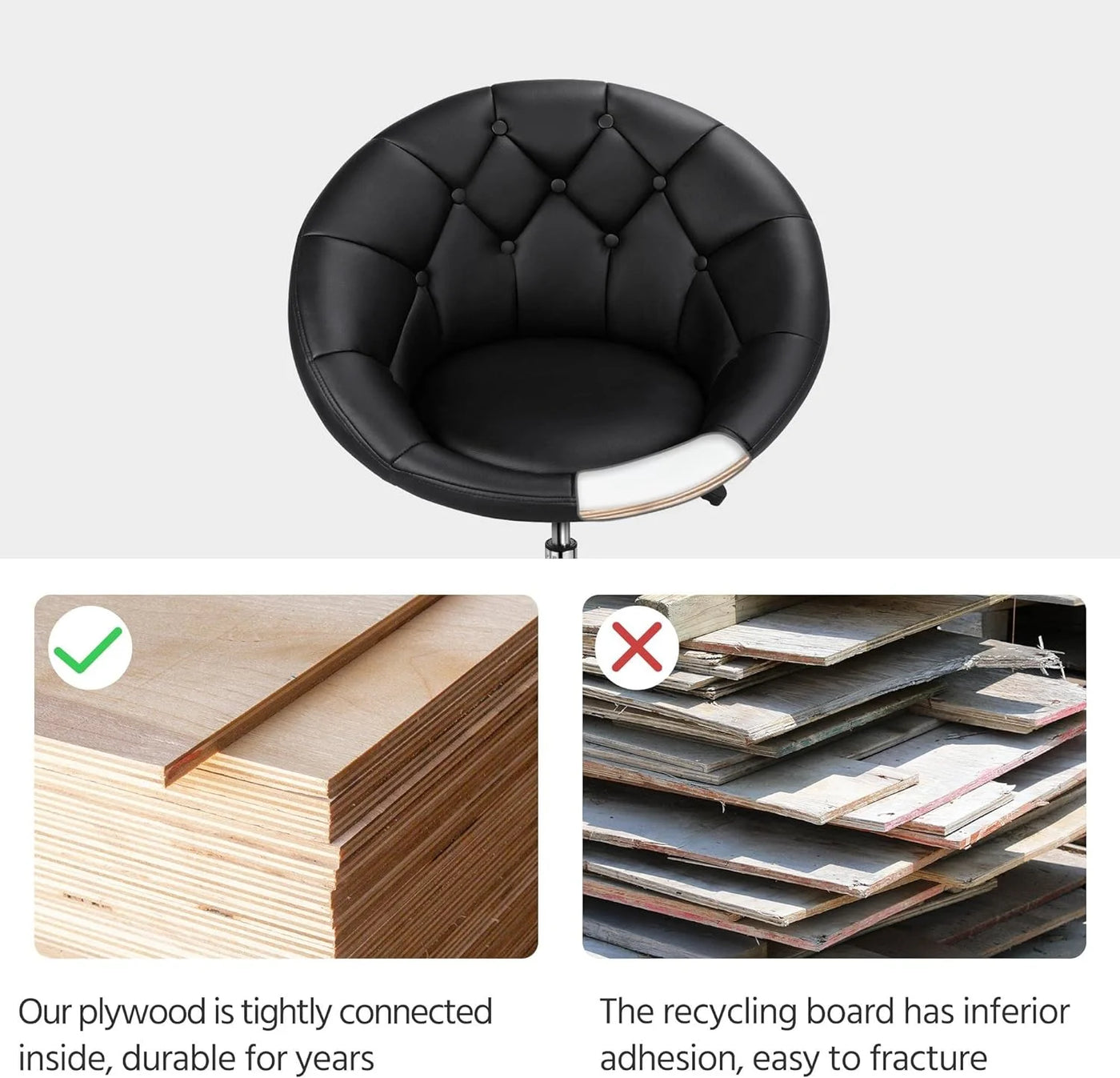 HOMEZY Round Tufted Back Chair Contemporary Height Adjustable, 360° Swivel, Accent Vanity Chair for Living Room, Modern Look, Black